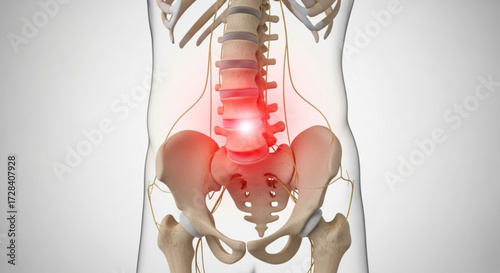 Anatomical view of the lower spine and pelvis with a red glow indicating pain and inflammation in the area created with generated ai