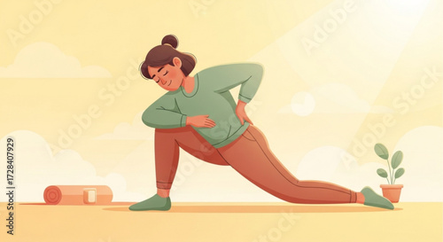 A woman in a green shirt and brown pants is doing a yoga pose with a mat and plant nearby in a studio created with generated ai