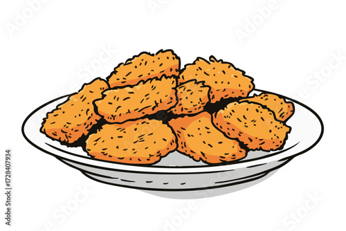 Handdrawn Doodle Plate of Delicious Fried Chicken Nuggets Illustration