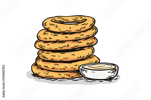 Handdrawn Stacked Onion Ring with Creamy Dip Sauce Food Illustration