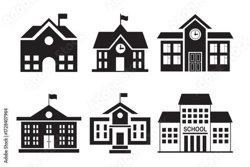 Set of School Building Icons in Black Silhouette