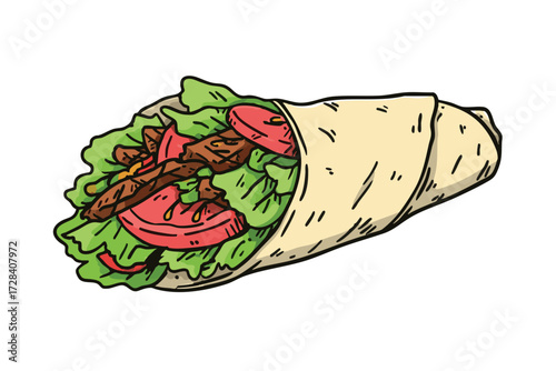 Colorful Handdrawn Shawarma Wrap with Lettuce and Tomato Food Illustration