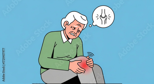 Elderly man experiencing knee pain with red inflamed area and joint pain thought bubble illustration created with generated ai