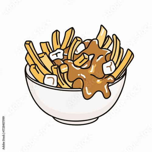 Handdrawn Delicious Poutine with Fries and Cheese Curds in Bowl Illustration