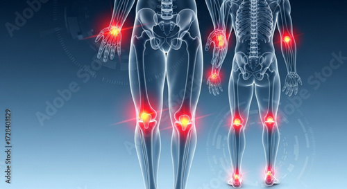 Anatomical illustration showcasing skeletal structure with joint inflammation highlighted in red hues and bright glows created with generated ai