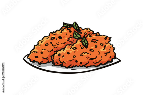 Handdrawn Colorful Fried Chicken Culinary Food on Plate Illustration