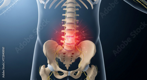 Human skeleton with spine and pelvis highlighted in red indicating pain or inflammation in the lower back area created with generated ai
