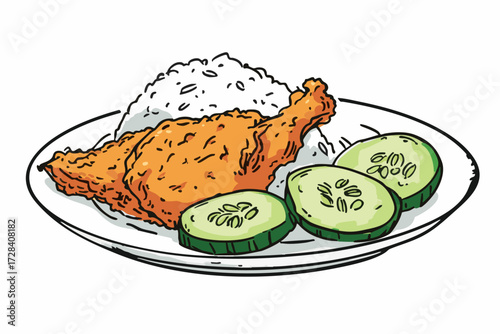 Detailed Handdrawn Crispy Fried Chicken with Rice and Cucumber Illustration