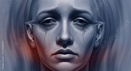 Close up portrait of a crying woman with tears streaming down her face in a digital art style created with generated ai