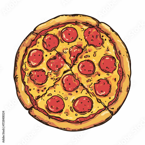 Detailed Cartoon Round Pepperoni Topping Delicious Slice Pizza Flat Illustration