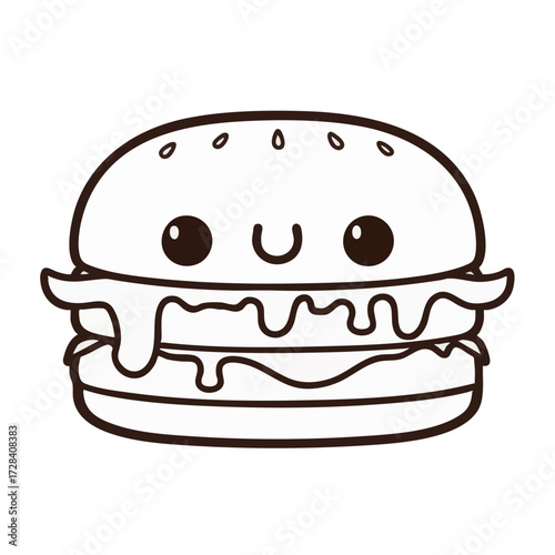 Cute Outline Kawaii Burger Character Smiling Face Delicious Meal Illustration
