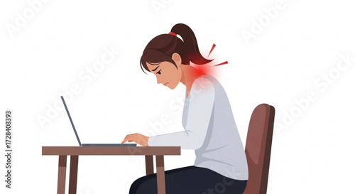 Woman at laptop with neck pain and poor posture sitting at a desk in ergonomic problem illustration created with generated ai