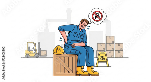 Man in blue uniform sitting on a box with back pain in a warehouse with forklift truck nearby created with generated ai