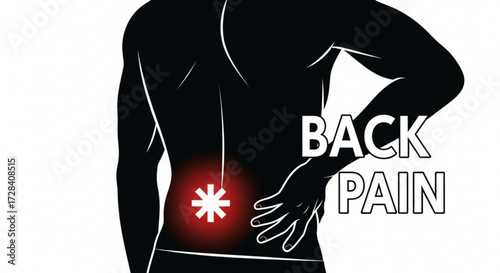Silhouette of a person experiencing back pain with a red asterisk indicating the source of pain created with generated ai