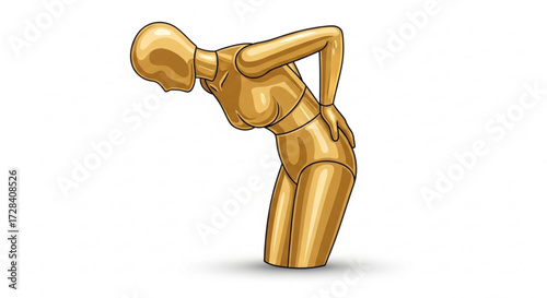 Golden mannequin figure bending over with hands on lower back in a posture of pain or discomfort created with generated ai