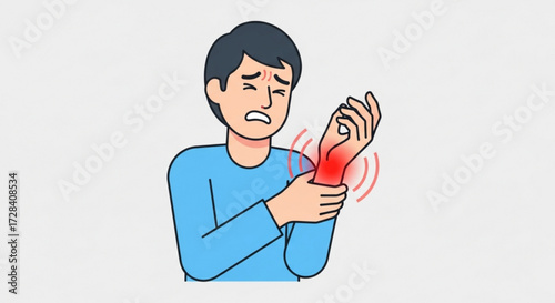 Man experiencing wrist pain with red radiating lines indicating discomfort and inflammation on a white background created with generated ai