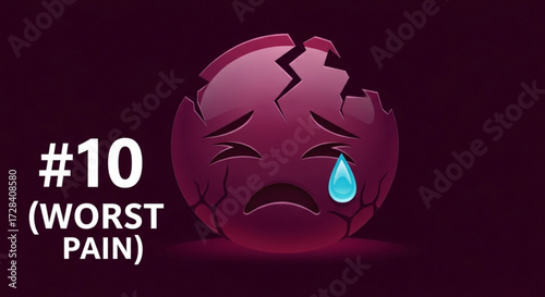 Illustration of a cracked, sad emoji face with a single tear on a dark red background image design created with generated ai