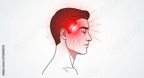 Illustration of a man experiencing a headache with red radiating from his temple and neck area pain point created with generated ai