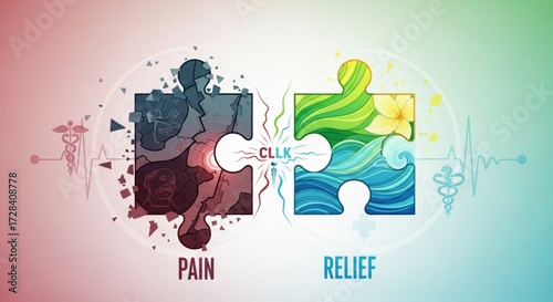 Conceptual image showing two puzzle pieces representing pain and relief with medical symbols around them created with generated ai
