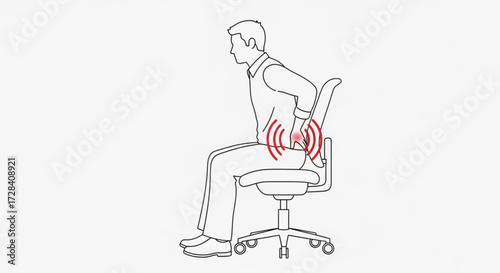 Man sitting in chair experiencing back pain with red radiating lines indicating discomfort and posture issues created with generated ai