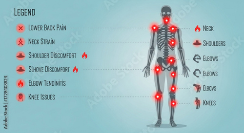 Illustration showing human skeleton with highlighted pain points and legend for health conditions created with generated ai