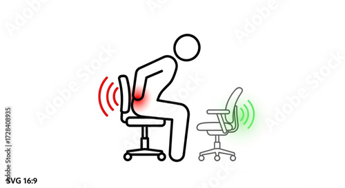 Illustration showing a person with back pain sitting in a chair and a good ergonomic chair present created with generated ai
