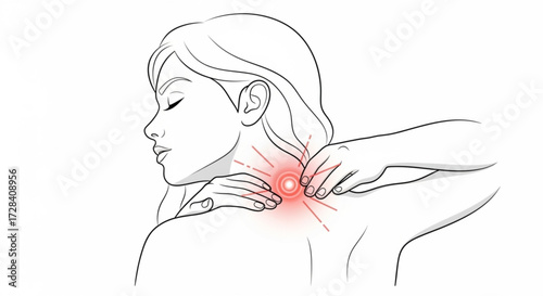Woman receiving neck massage with red pain point indicating muscle tension and discomfort on white background created with generated ai