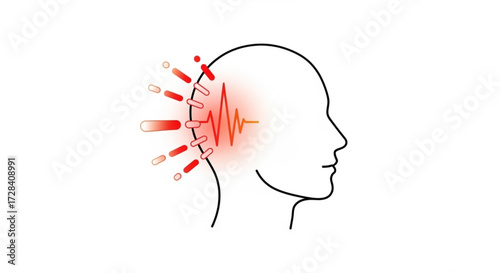 Outline of a head with brain activity represented by a red waveform and radiating red lines around it created with generated ai