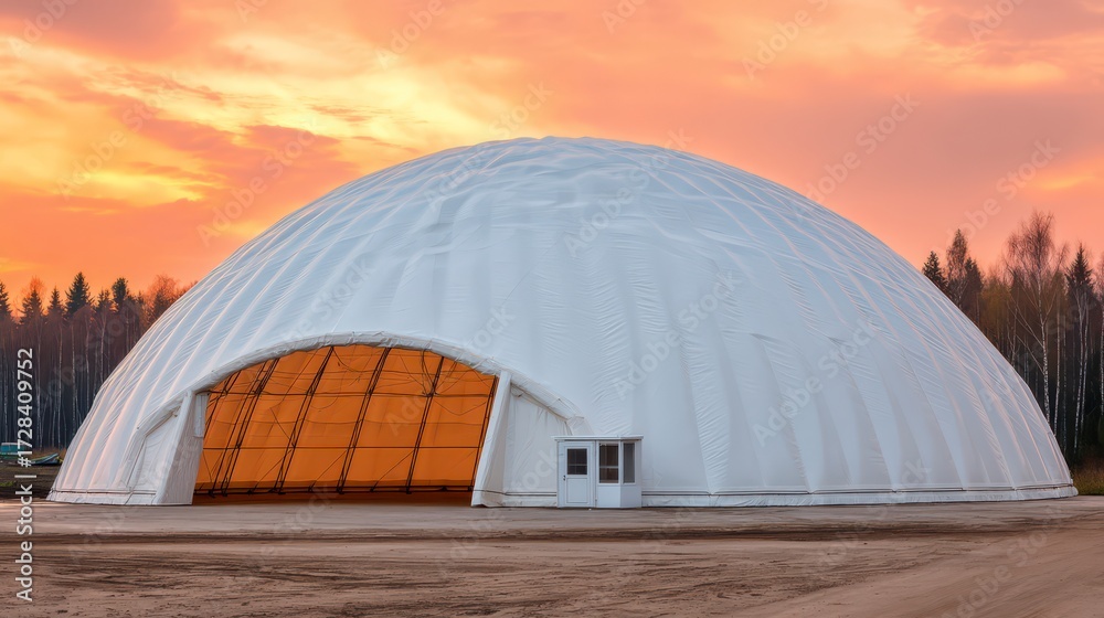 Obraz premium Dome Structure at Sunset: A striking, modern dome structure stands silhouetted against the vibrant hues of a sunset sky, showcasing clean architectural design and a touch of natural beauty.
