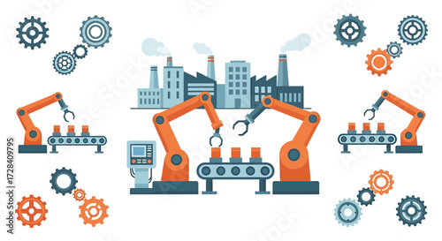Automated Factory Production Line with Robotic Arms, Conveyor Belts, and Industrial Gears