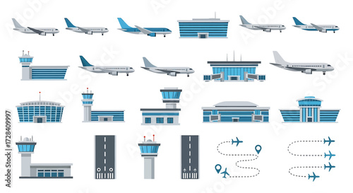 Flat Design Airport Elements Set: Airplanes, Terminals, Control Towers, and Runways