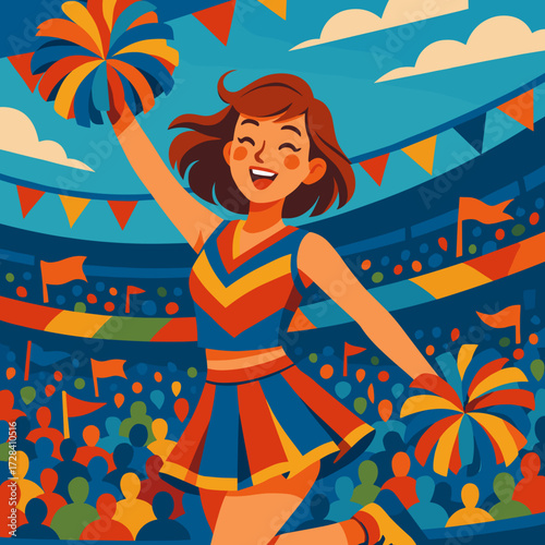 Cheerleader performing with pom-poms in a vibrant stadium setting