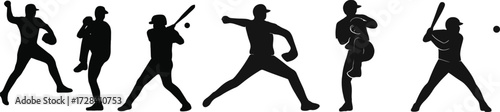 Collection of baseball player silhouettes in various action poses for sports graphics 