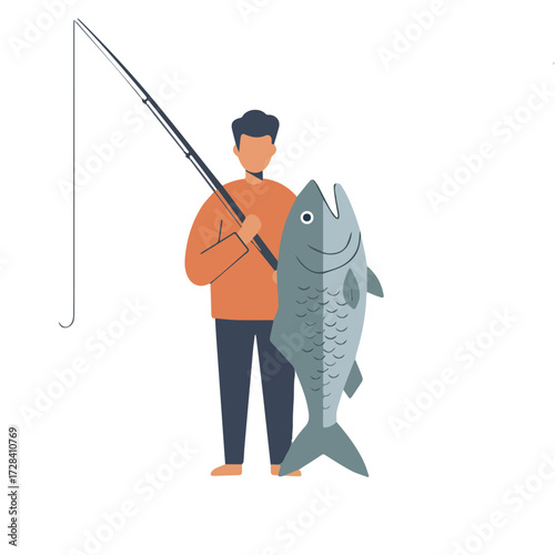 Fisherman proudly displays a massive trophy fish caught on his fishing rod. Flat vector illustration of a successful hobby and big catch