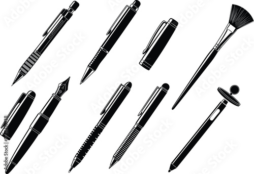 Mechanical pencil, ballpoint pen, capped pen, fountain pen, stylus, makeup brush, retractable pen, black and white drawing tools, vector illustration set