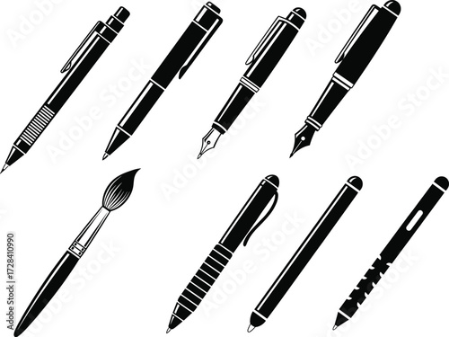 Mechanical pencil, ballpoint pen, fountain pen, paintbrush, gel pen, stylus, utility knife, black and white drawing tools, vector illustration set
