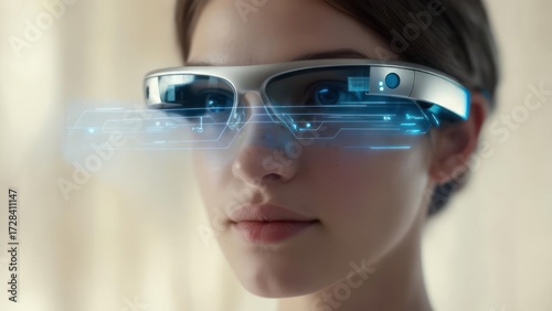 Woman wearing futuristic smart glasses displaying digital interface