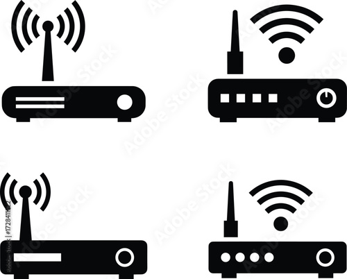 Wireless router icon set, black and white vector, Wi-Fi signal symbol, internet connectivity, network device illustration, tech equipment graphic, isolated design
