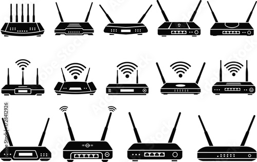 Wireless router silhouette set, black vector icons, Wi-Fi signal symbol, antenna variations, internet device collection, network equipment illustration, tech connectivity design