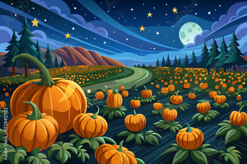 Whimsical pumpkin patch under a starry night sky with a full moon