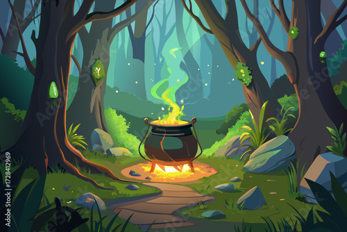 Magical witch cauldron glowing green smoke forest scene enchanted illustration vector art