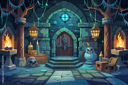 Eerie spooky dungeon interior vector illustration with ancient architecture and glowing lamps perfect for games