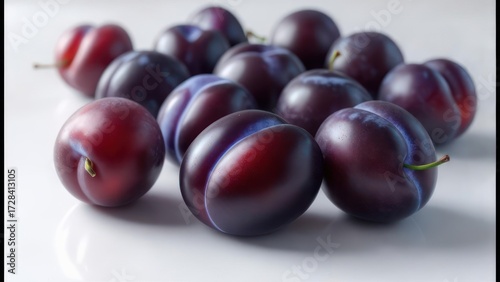 Dark purple plums on white surface