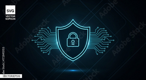 Glowing shield with padlock and circuit board design representing cyber security and data protection concept created with generated ai