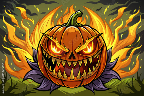 Evil fiery jack o lantern vector illustration spooky halloween fire glow scary pumpkin icon
