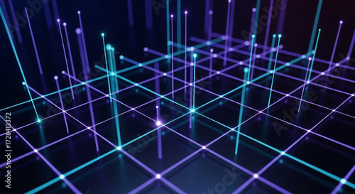 Abstract digital landscape with glowing lines and dots forming a grid like network design concept created with generated ai