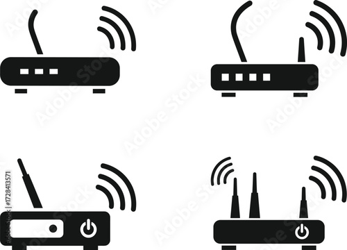 Wireless router icons, Wi-Fi signal, internet device, antenna styles, modem illustration, home network, digital connectivity, black and white vector set