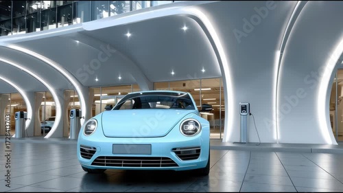 Stylish blue mini electric car.