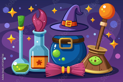 Whimsical witchy vector graphics set featuring hats brooms potions and spellcasting elements