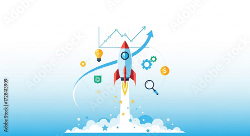 Rocket launching with graph, lightbulb, gears, dollar sign, magnifier, and shield on a blue background created with generated ai